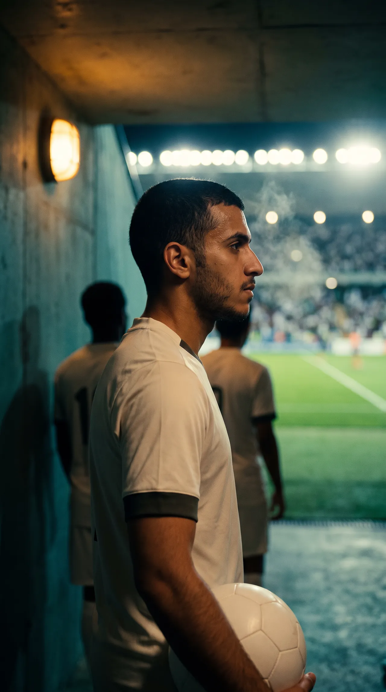 A football story world for an illustrative pilot. AI-generated editorial illustration. A match sequence would need its own movement and continuity test.