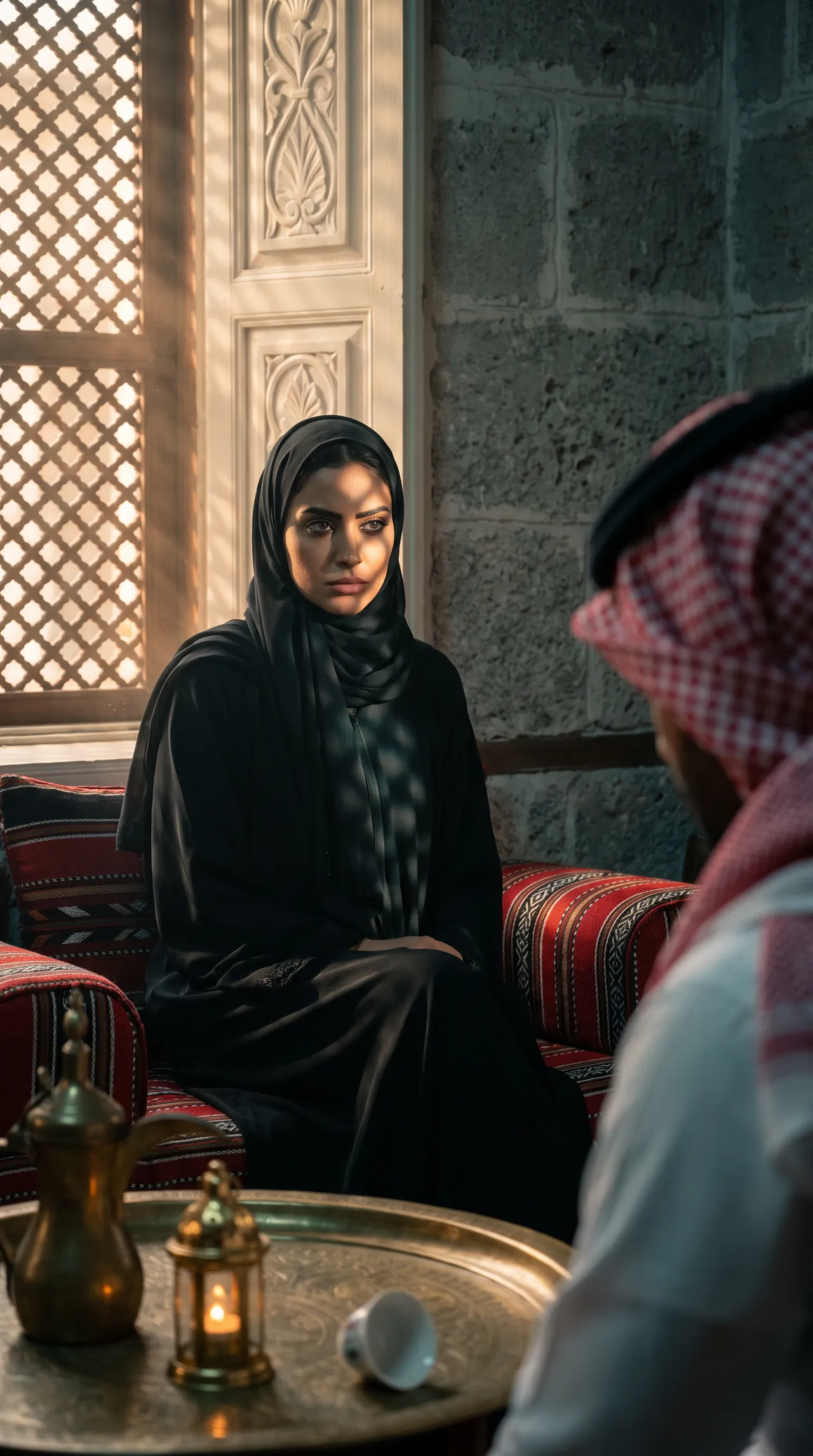 A conversation framed for episodic suspense. Editorial illustration generated with AI; not a frame from a released series or evidence of a tested workflow.